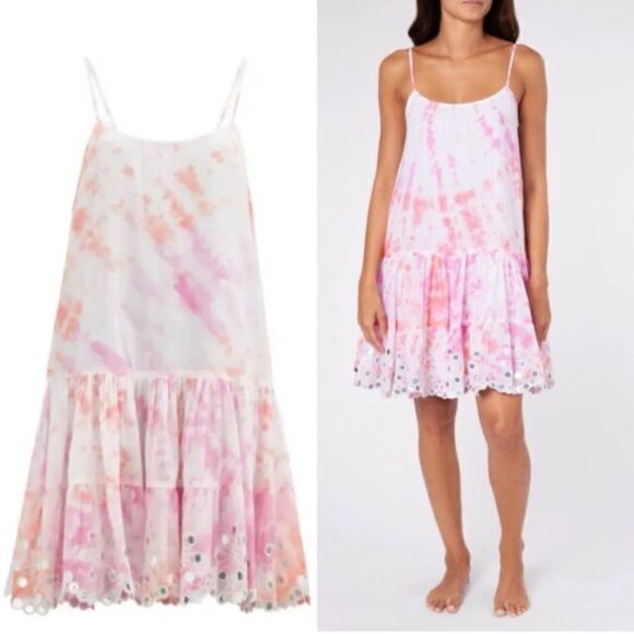 Juliet Dunn Shisha Mirror Embroidered Tie Dye Cotton Mini Dress Pink White Small - Picture 2 of 10